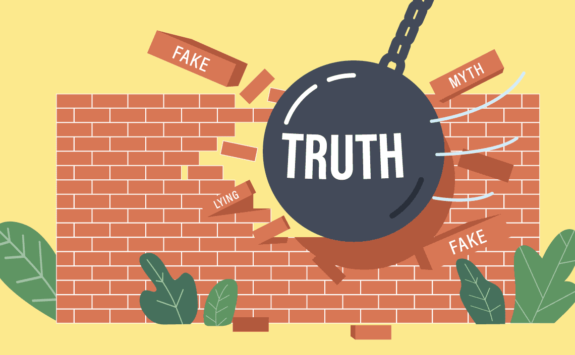 A wrecking ball with the word truth written on it demolishes a brick wall with the word myth written on them
