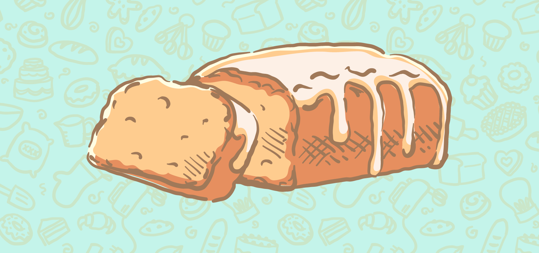 An illustration of a pound cake with frosting and one slice cut out