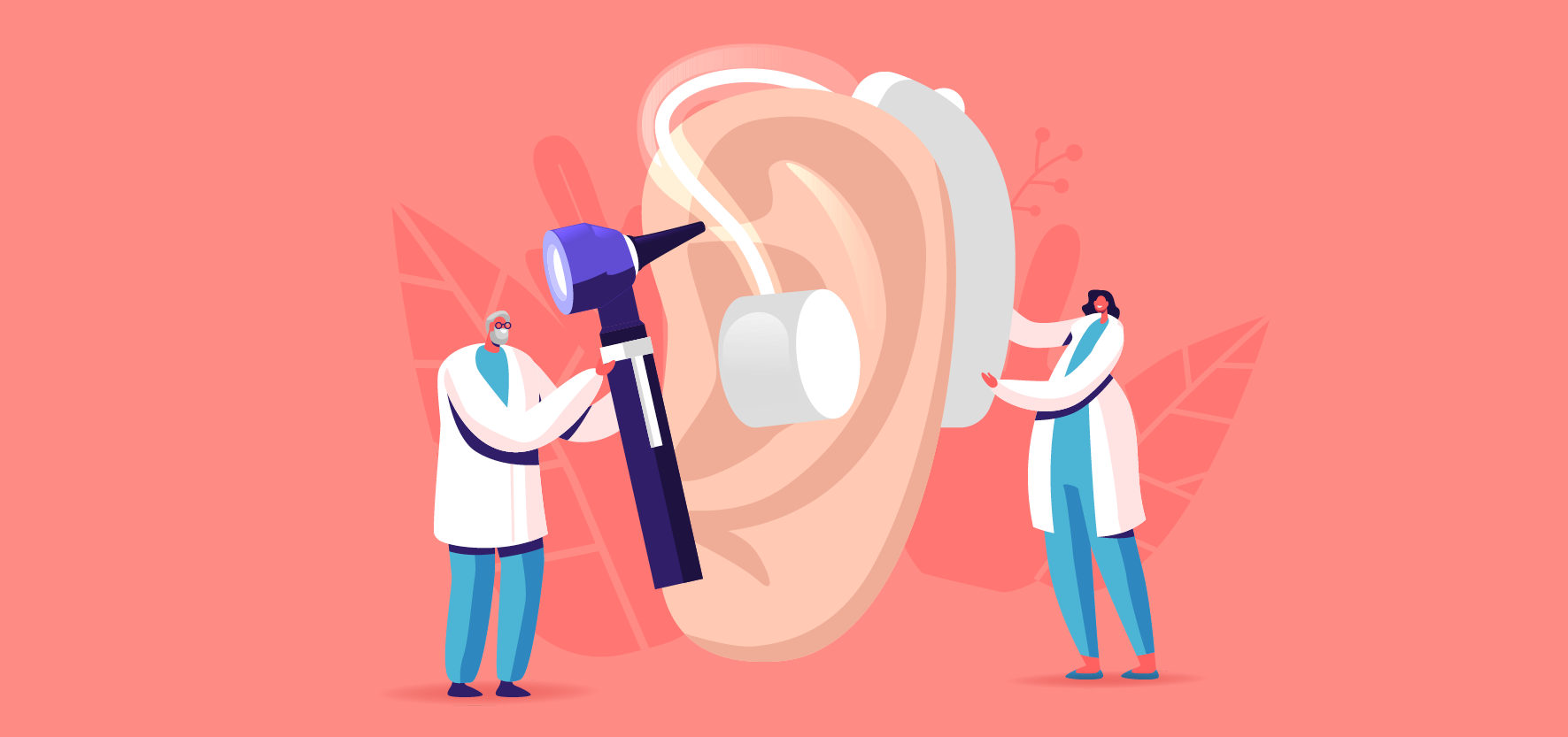 Illustration of two audiologists examining a large ear fitted with a hearing aid, symbolizing hearing care or hearing aid maintenance